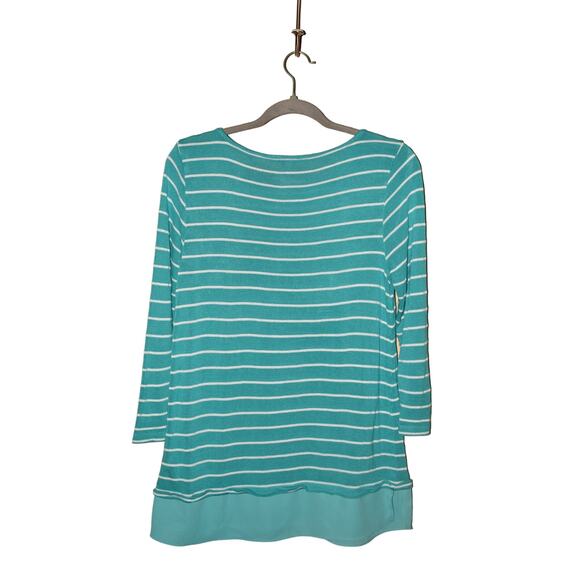 TALBOTS $80 Teal Striped 3/4 Sleeve Crewneck Tunic top w/ Layered Hem Small - Picture 2 of 3